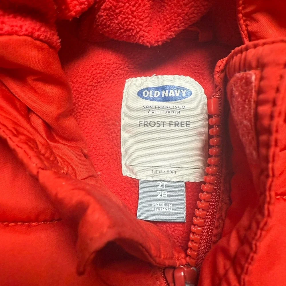 Old‎ Navy Toddler 2T Red Solid Frost-Free Hooded Puffer Jacket